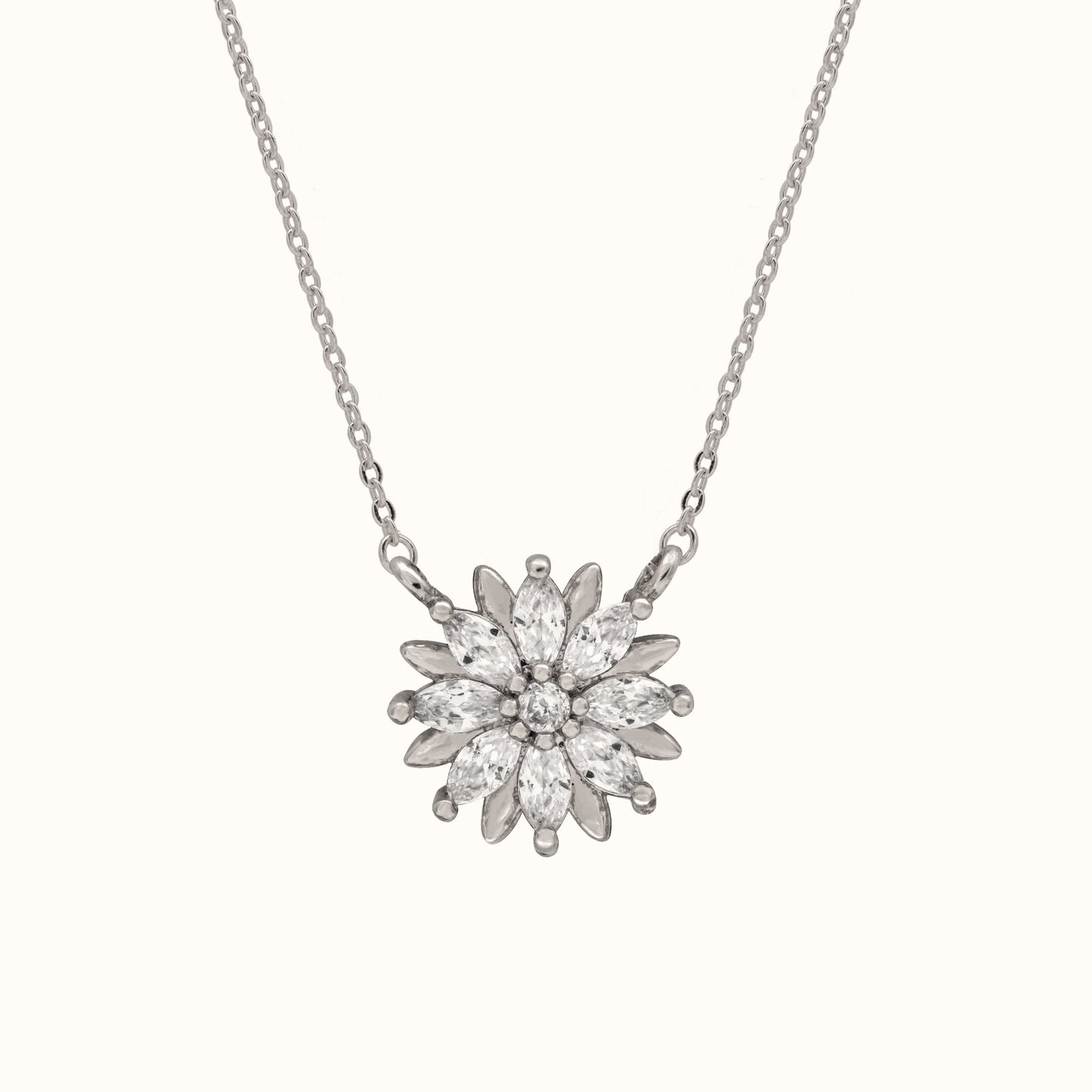 Blooming flower pendant necklace in platinum-plated brass with zirconia