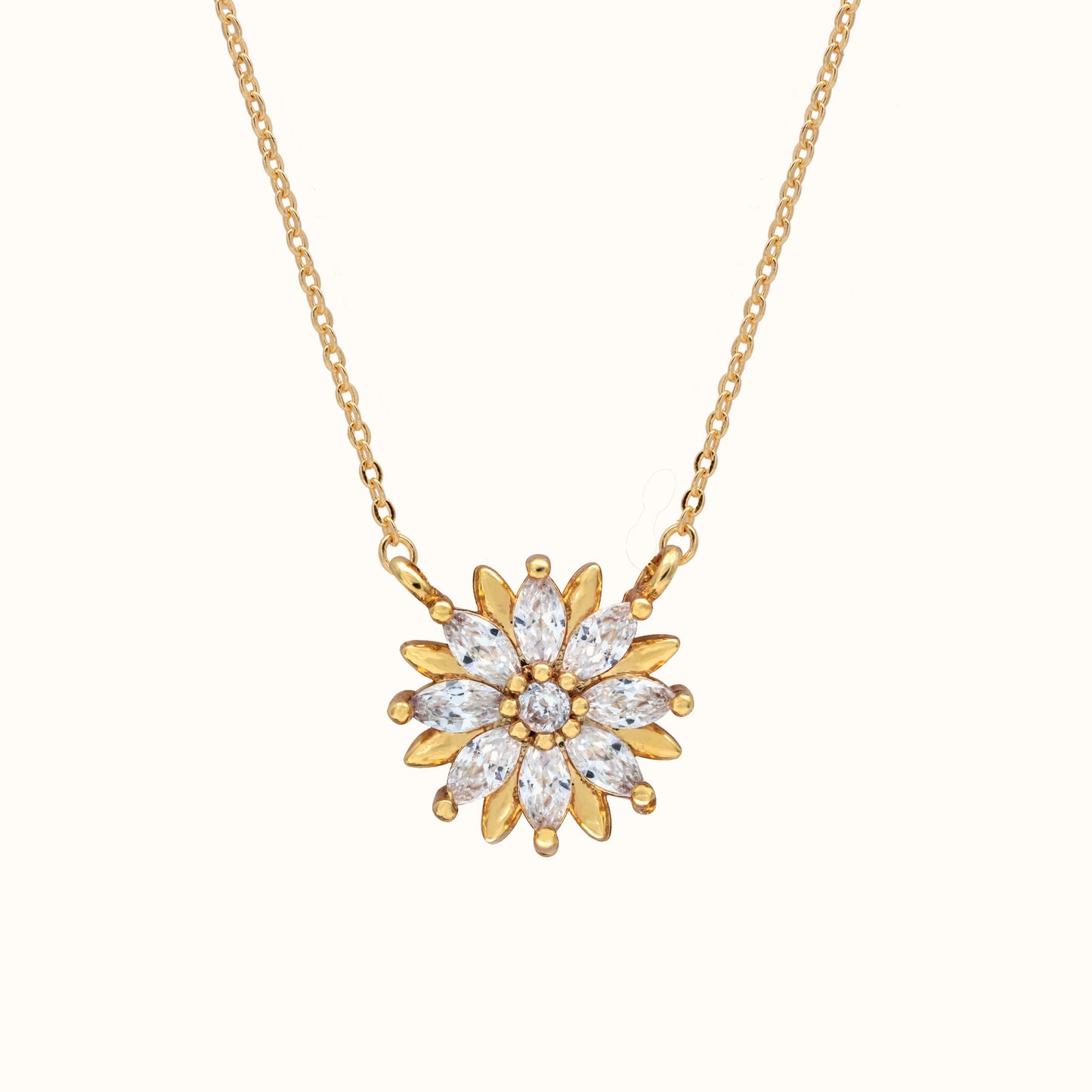 Blooming flower pendant necklace in gold-plated brass with zirconia