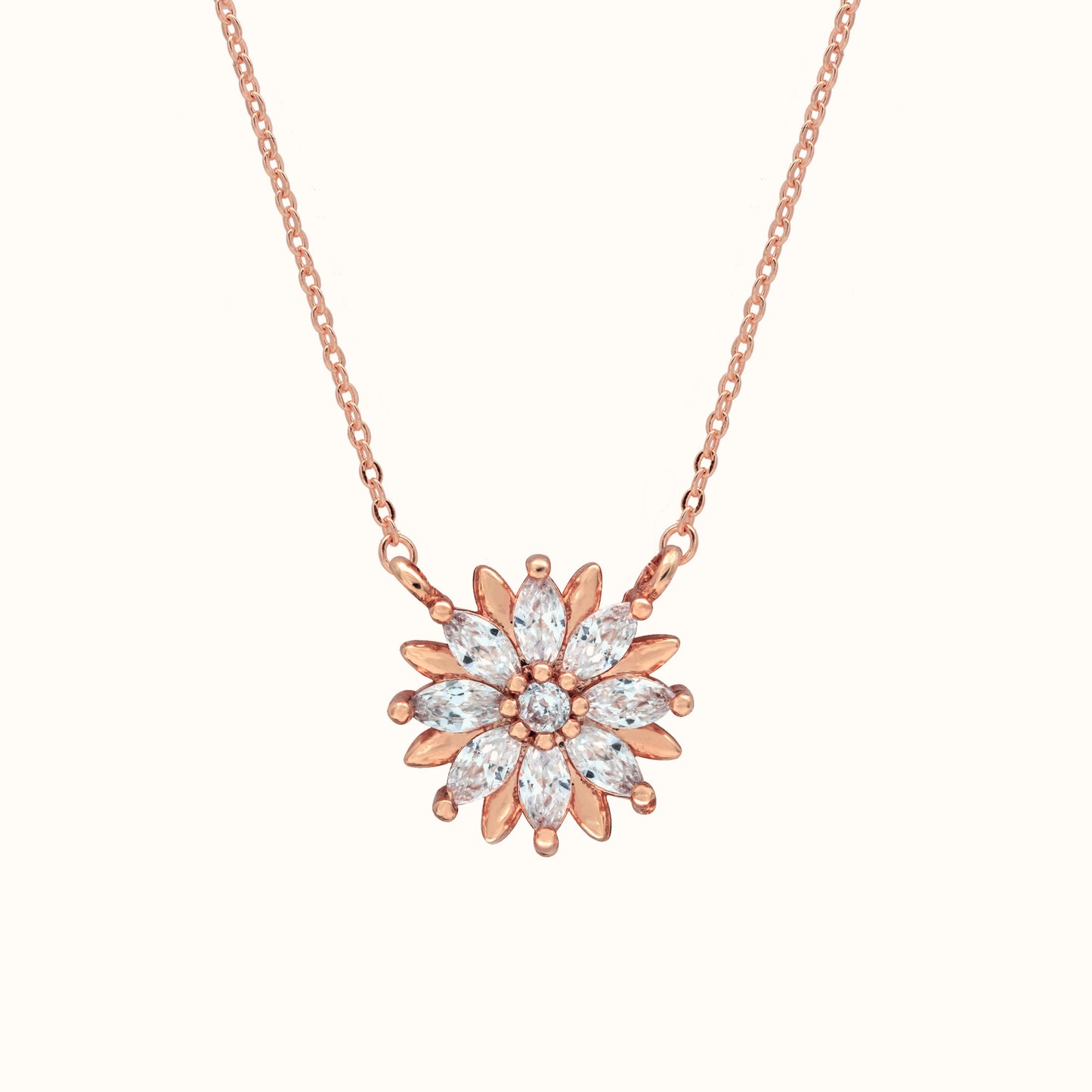 Blooming flower pendant necklace in rose gold-plated brass with zirconia