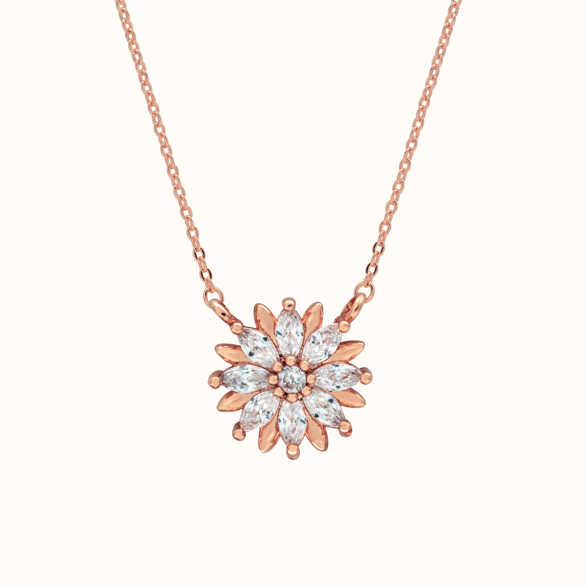 Blooming flower pendant necklace in rose gold-plated brass with zirconia