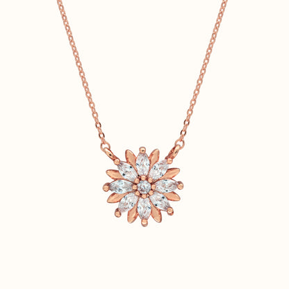 Blooming flower pendant necklace in rose gold-plated brass with zirconia