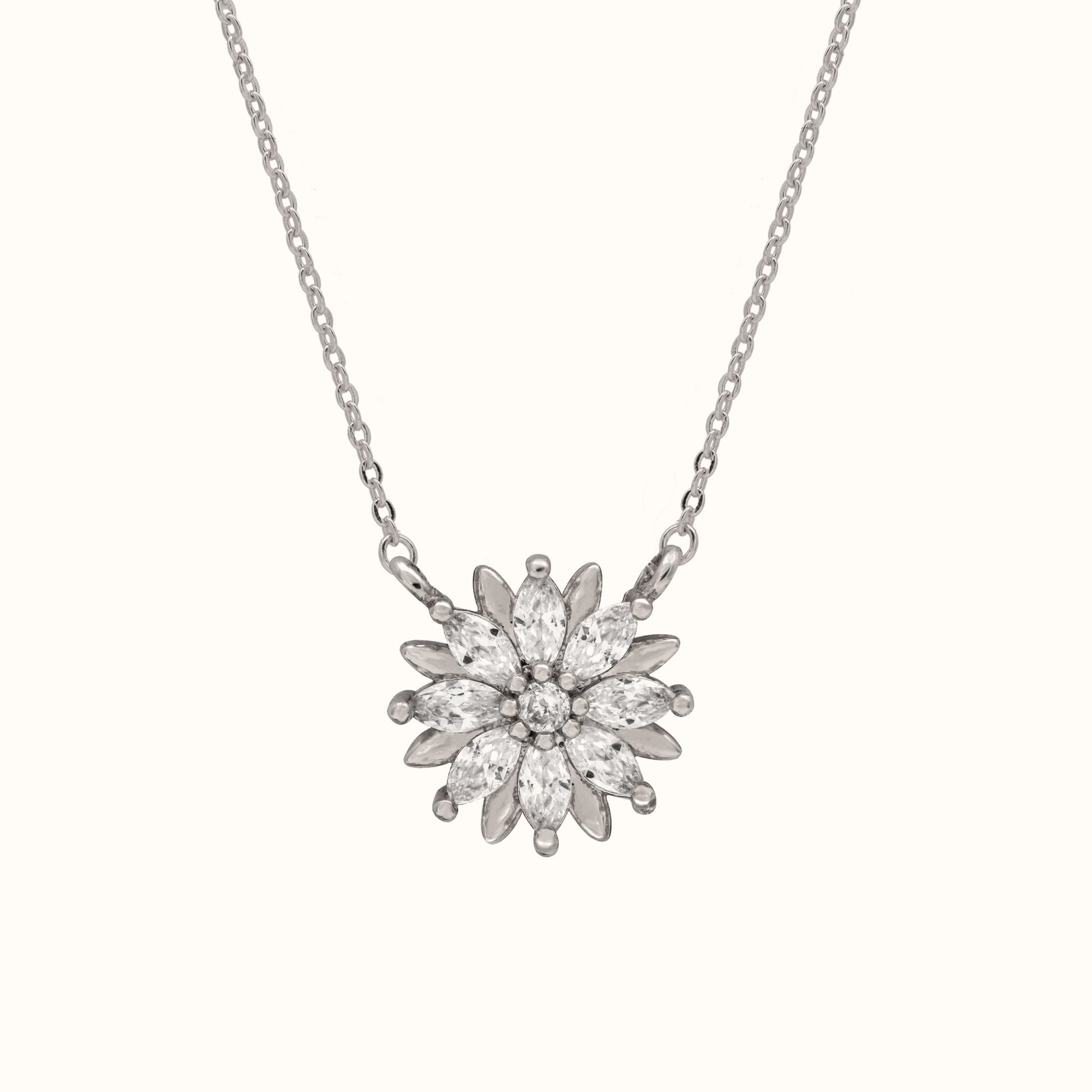 Blooming flower pendant necklace in platinum-plated brass with zirconia