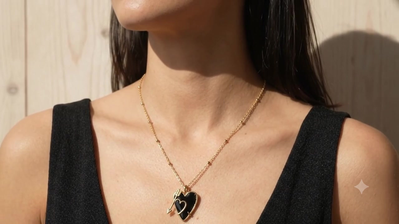 Black heart necklace worn in warm sunlight